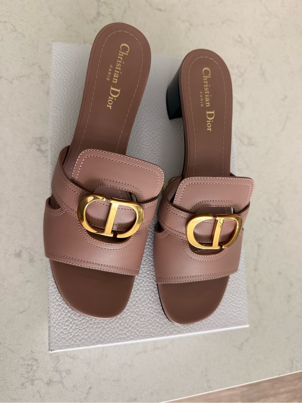 Dior Women's Pink Leather Slide Mules with Gold CD Buckle